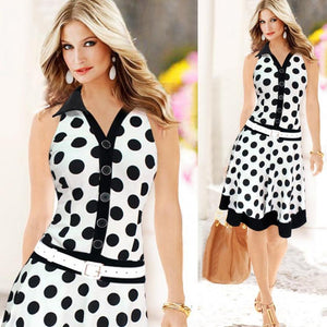 Big Size Summer Dress Women Fashion Polka Dot Sleeveless V-neck Print Dress Ladies Black White Dresses Feminine Plus Size