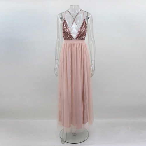 Deep V Neck Backless Long Spaghetti Strap Dress
