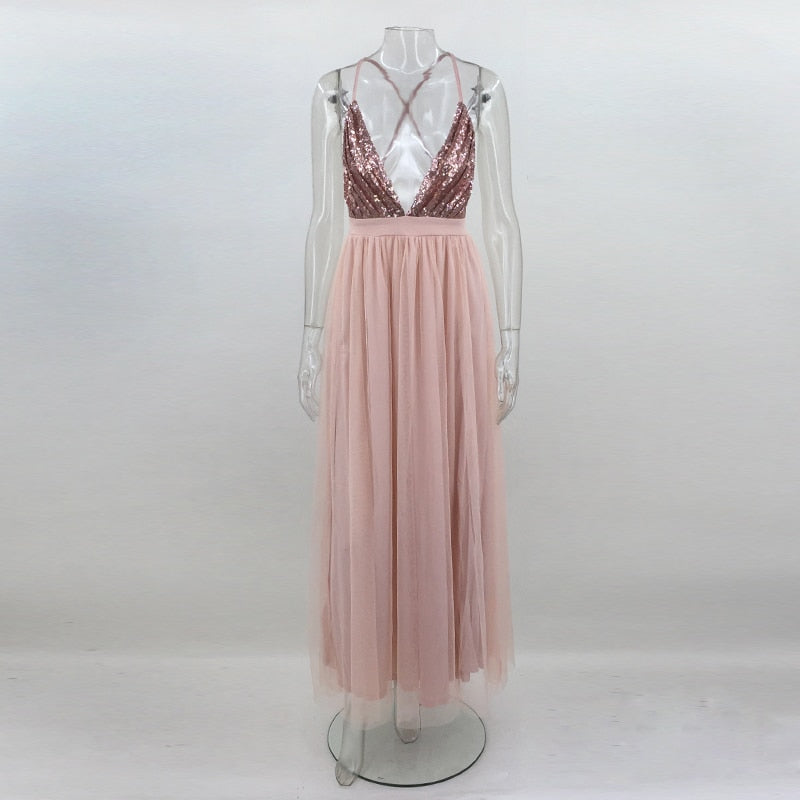 Deep V Neck Backless Long Spaghetti Strap Dress