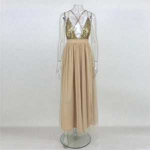 Deep V Neck Backless Long Spaghetti Strap Dress
