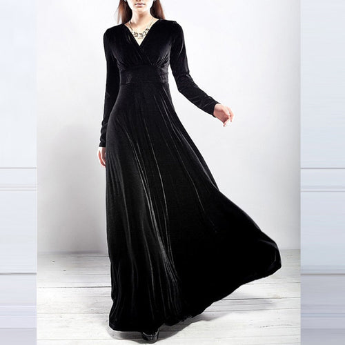Deep V Neck High Waist Long Sleeve Velvet Dress