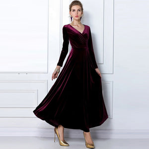 Deep V Neck High Waist Long Sleeve Velvet Dress