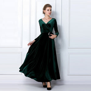 Deep V Neck High Waist Long Sleeve Velvet Dress