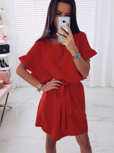 Batwing Ruffle Belt Sleeve Mini Dress
