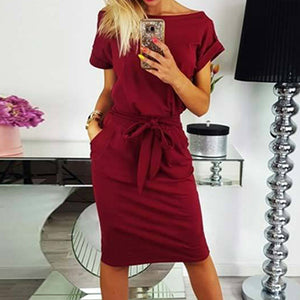 Casual Short Sleeve Knee Length Bodycon Dress With Belt