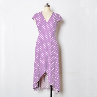 Polka Dot V Neck Pront Split Long Dress
