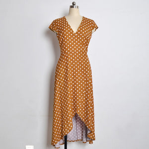 Polka Dot V Neck Pront Split Long Dress