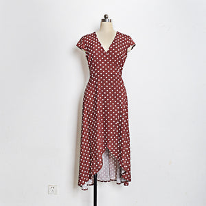 Polka Dot V Neck Pront Split Long Dress