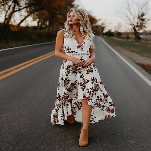 Floral Print Short Sleeve Sexy Backless Long Dress