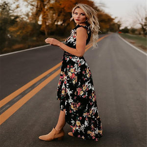Floral Print Short Sleeve Sexy Backless Long Dress