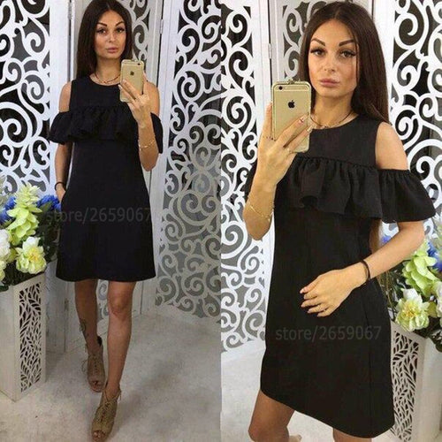 O Neck Cold Shoulder Ruffle Mini Dresses