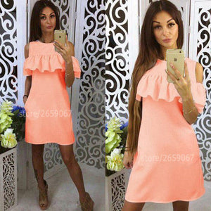 O Neck Cold Shoulder Ruffle Mini Dresses