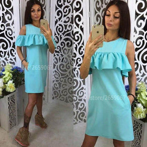 O Neck Cold Shoulder Ruffle Mini Dresses