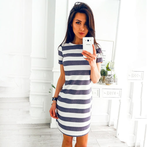 O Neck Short Sleeve Striped Mini Dress