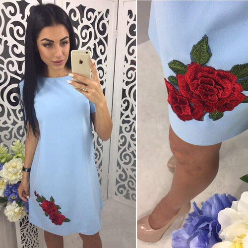 Rose Print Straight Dress Casual Short Sleeve Dress