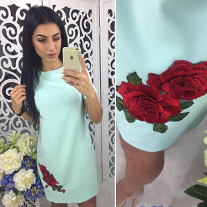 Rose Print Straight Dress Casual Short Sleeve Dress
