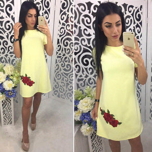 Rose Print Straight Dress Casual Short Sleeve Dress