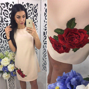 Rose Print Straight Dress Casual Short Sleeve Dress