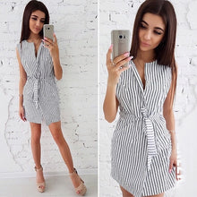 Sexy Striped V Neck Sleeveless Belt Mini Dress