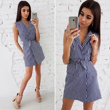 Sexy Striped V Neck Sleeveless Belt Mini Dress