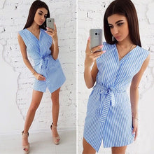 Sexy Striped V Neck Sleeveless Belt Mini Dress
