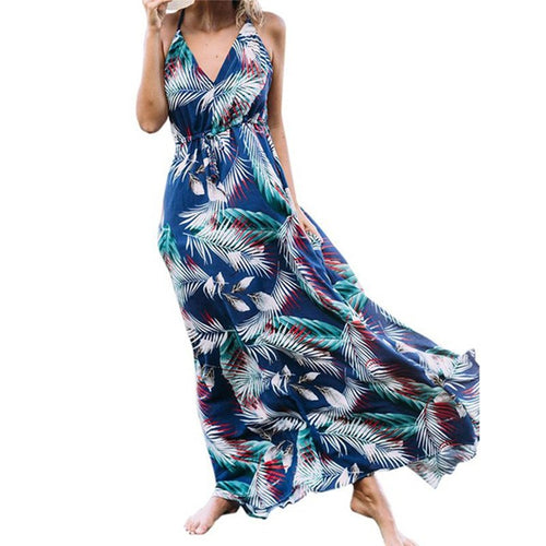 Leaf Print Tie Waist Long Cami Long Dress