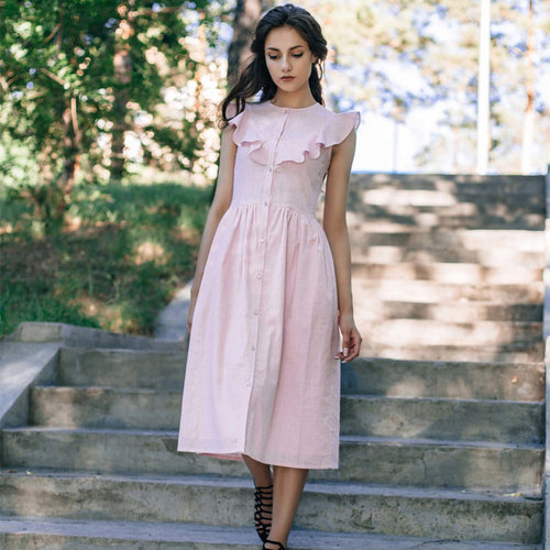 Ruffle Sleeveless Mid Lenght Dress With Front Button
