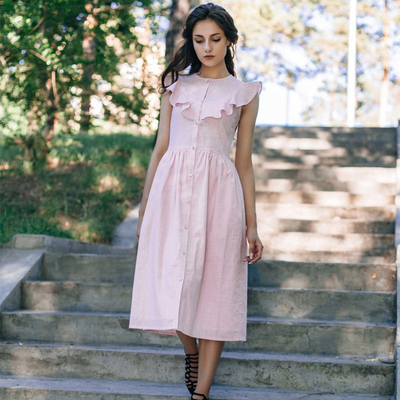 Ruffle Sleeveless Mid Lenght Dress With Front Button