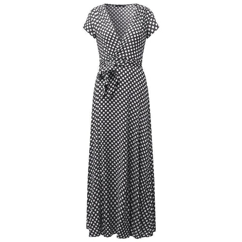 Polka Dot Deep V Neck Short Sleeve Split Long Dress