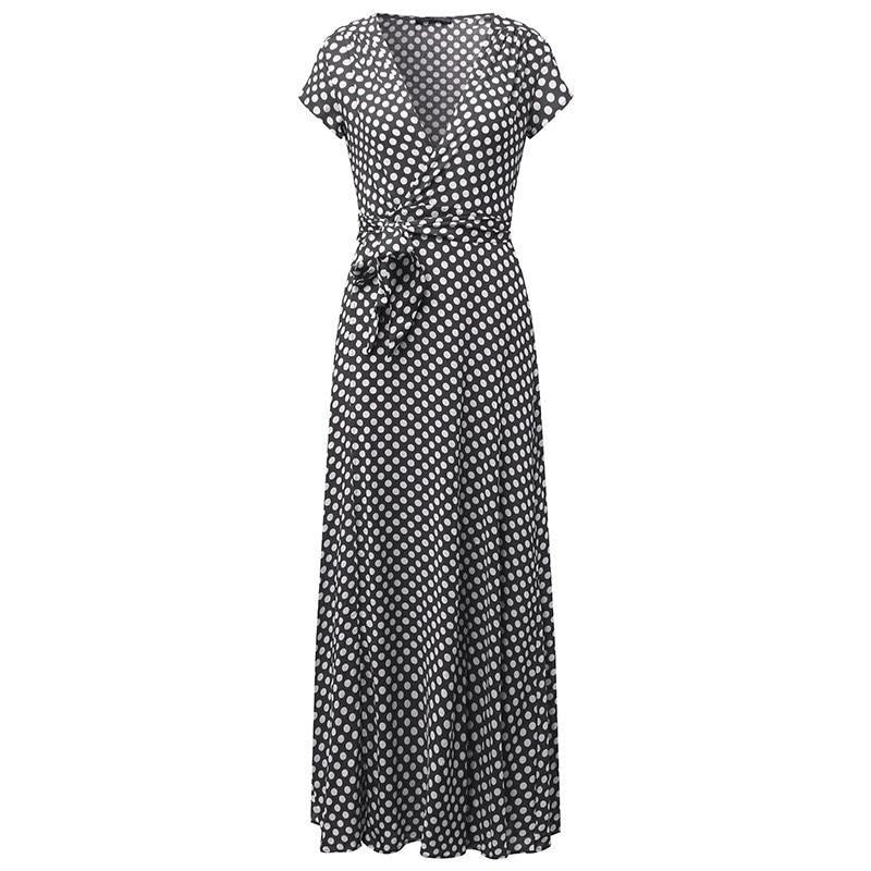 Polka Dot Deep V Neck Short Sleeve Split Long Dress