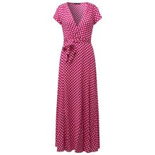 Polka Dot Deep V Neck Short Sleeve Split Long Dress