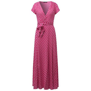 Polka Dot Deep V Neck Short Sleeve Split Long Dress