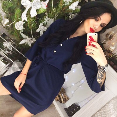 Half Sleeve Front Button Mini Dress With Belt