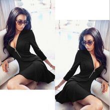 Long Sleeve Zipper V Neck A Line Mini Dress