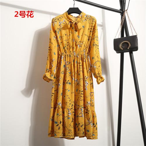 Beautiful Fashion Spring Summer New Women Long Sleeved Dress Retro Collar Casual Slim Dresses Floral Printing Chiffon