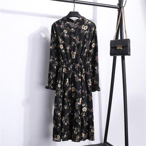 Beautiful Fashion Spring Summer New Women Long Sleeved Dress Retro Collar Casual Slim Dresses Floral Printing Chiffon