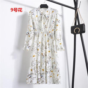 Beautiful Fashion Spring Summer New Women Long Sleeved Dress Retro Collar Casual Slim Dresses Floral Printing Chiffon