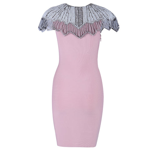 Beads Short Sleeve Bodycon Mini Dress