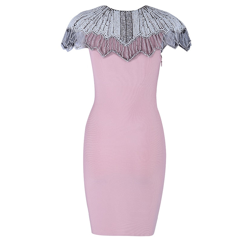 Beads Short Sleeve Bodycon Mini Dress