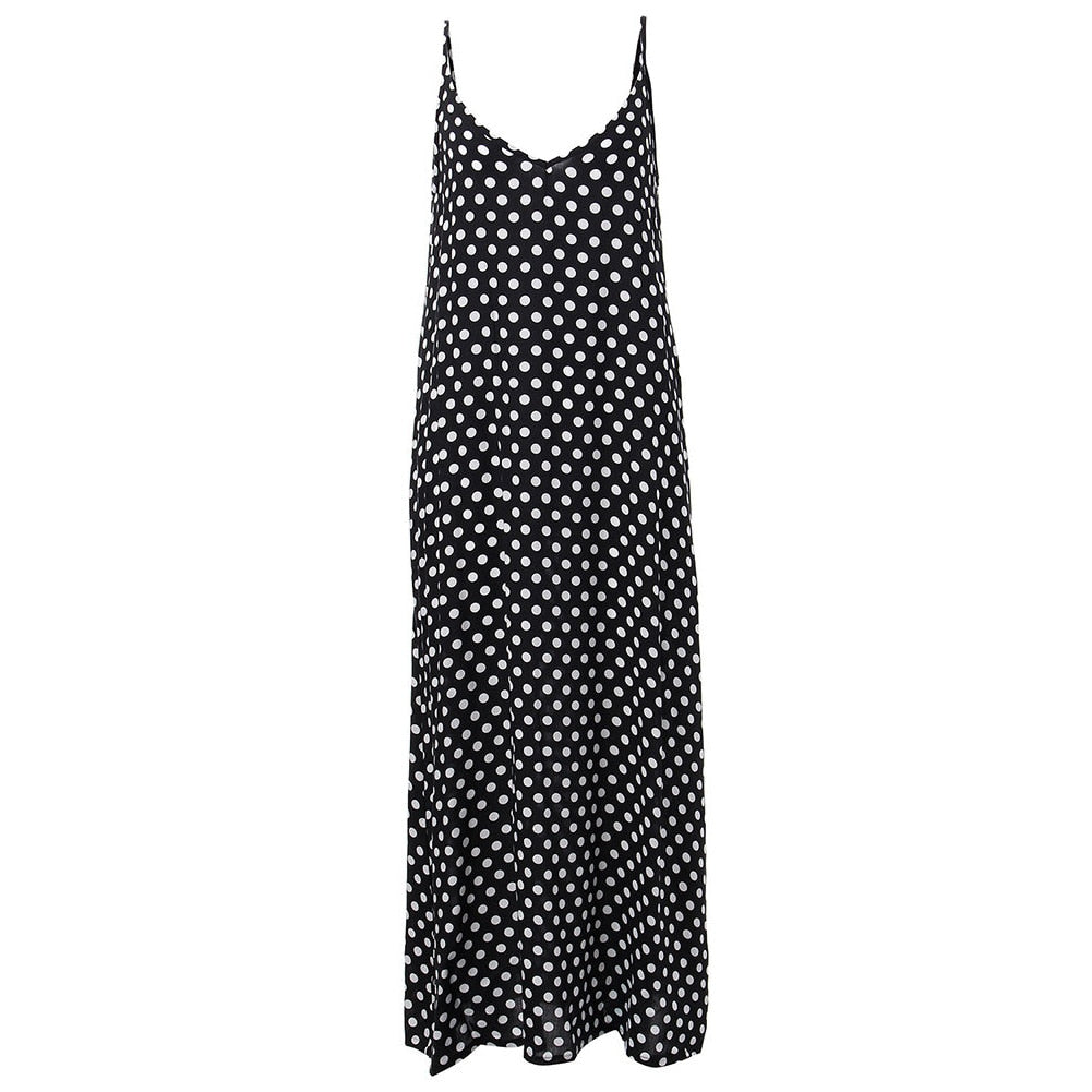 Deep V Neck Sleeveless Polka Dot Long Dress