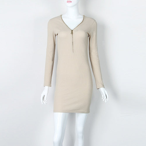 Long Sleeve V Neck Knitted Mini Dress