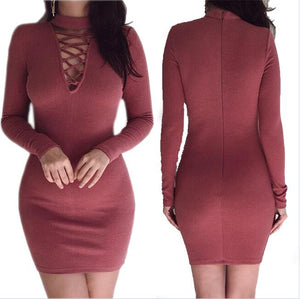 Long Sleeve V Neck Knitted Mini Dress