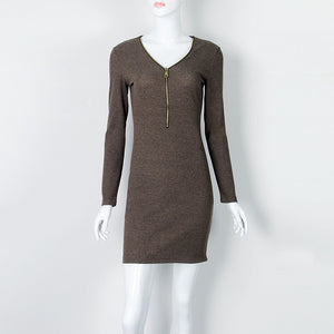 Long Sleeve V Neck Knitted Mini Dress