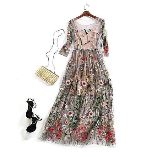 Floral O Neck Half Sleeve High Waist Long Dress