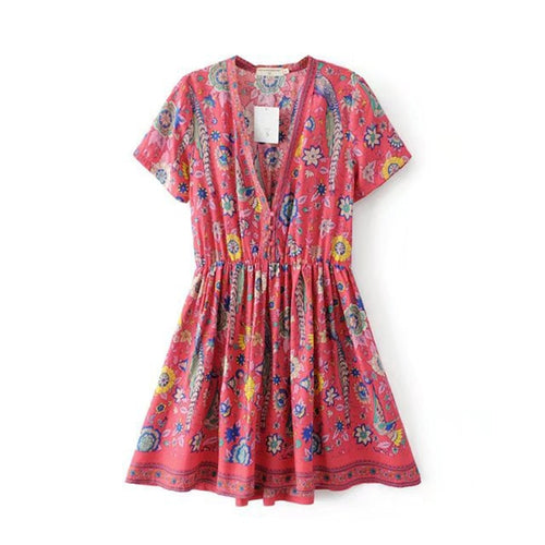 Birds Floral Print Short Sleeve Mini Dress