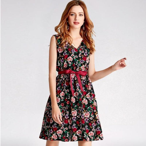 Floral V-Neck Sleeveless A Line Midi Dress