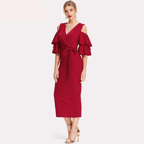 Deep V Neck Ruffle Open Shoulder Midi Dress With Belt
