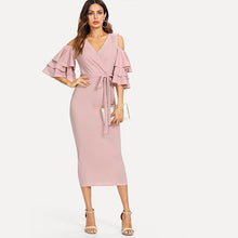 Deep V Neck Ruffle Open Shoulder Midi Dress With Belt