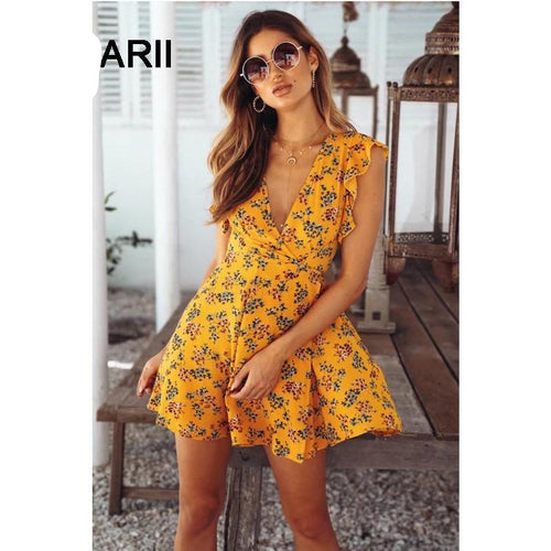 Flower Print Deep V Neck Sleeveless Mini Dress