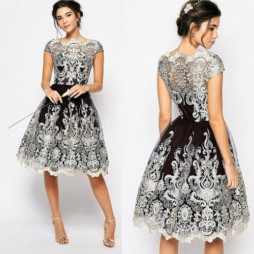 Short Sleeve Vintage Midi Ball Gown Dress